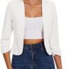 MINTLIMIT Womens Cropped Blazer Collarless Suits & Blazers Open Front Jackets 3/4 Ruched Sleeves Outerwear Half Linen Cardigan