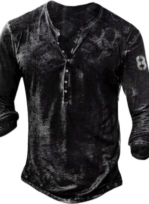 Mens Henley Shirts Vintage Distressed Tops Button Up Blouse Long Sleeve Casual Tee Shirts Gym Shirts