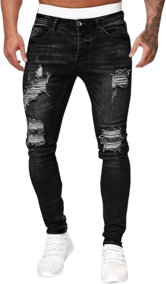 NOAGENJT Men's Casual Hip Hop Sports High Stretch Tight Wash Polished White Ripped Fit Zipper Jean Pants Pants Relaxed Fit Men