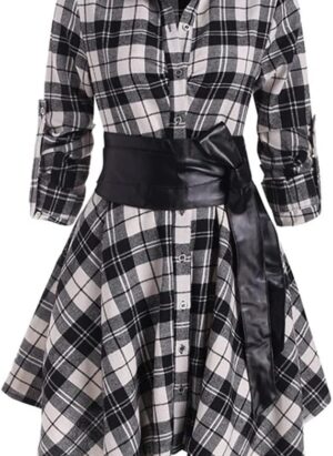 OLIPHEE Women's Shirt Dress Check Tartan Shirt Long Sleeve Blouse Mini Dress Long Top Waist Belt Plaid Shirt Skirt