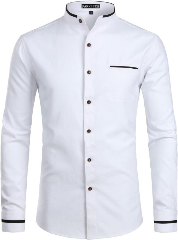 PARKLEES Mens Hipster Design Grandad Collar Oxford Shirt Slim Fit Long Sleeve Casual Button Down Dress Shirts with Pocket