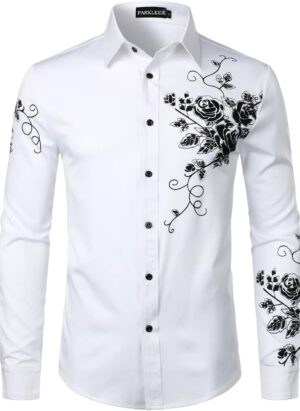 PARKLEES Mens Hipster Embroidery Design Slim Fit Long Sleeve Button Down Dress Shirts