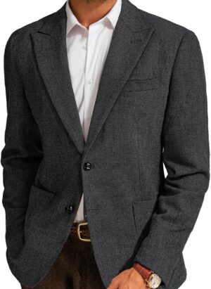 PJ PAUL JONES Men's Herringbone Tweed Blazer Vintage Wool Blend Two Button Sport Coat Jacket with Pockets