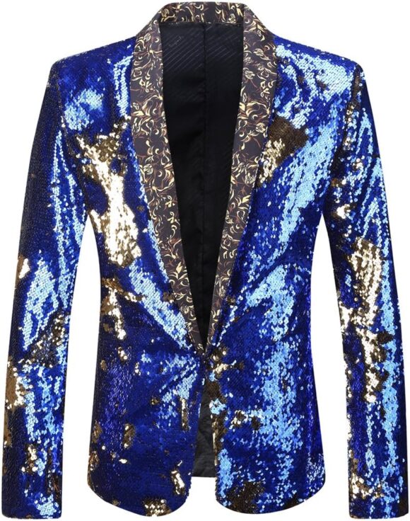 PYJTRL Men Stylish Two Color Conversion Shiny Sequins Blazer Suit Jacket