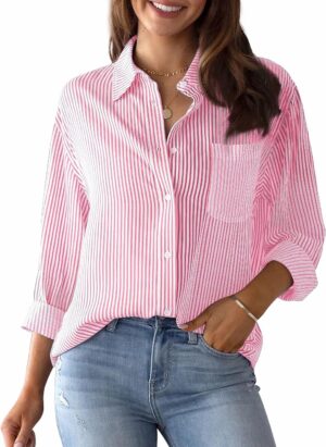 Panegy Women’s Striped Tops Long Sleeve Elegant V Neck Blouse Shirts Button Down Shirts Stylish Tunic Shirt Office Work Blouses Cotton Casual Basic Shirt