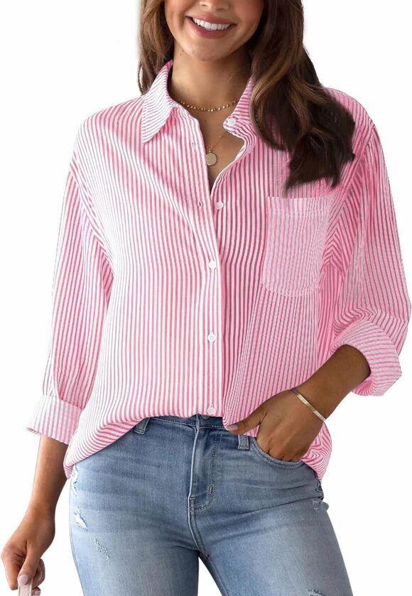 Panegy Women’s Striped Tops Long Sleeve Elegant V Neck Blouse Shirts Button Down Shirts Stylish Tunic Shirt Office Work Blouses Cotton Casual Basic Shirt