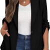 PrinStory Womens Blazer Suit Open Front Cardigan Adjustable Sleeve Blazer Jacket with Buttons Pockets