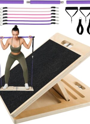 Professional Wooden Slant Board, Adjustable Incline Board and Calf Stretcher, Stretch Board,Multifunctional Yoga Pilates Bar Kit with Adjustment Buckle and Resistance Bands,Home Gym Resistance Bar Kit