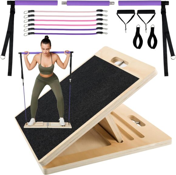 Professional Wooden Slant Board, Adjustable Incline Board and Calf Stretcher, Stretch Board,Multifunctional Yoga Pilates Bar Kit with Adjustment Buckle and Resistance Bands,Home Gym Resistance Bar Kit