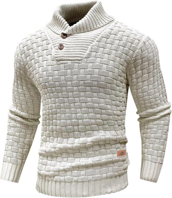 Qinfren Men's Jumpers Tops Winter Warm Knitted Stand Collar Jumper Long Sleeve Knitwear Pullover Sweaters for Men Buttons Twisted Winter Jumper
