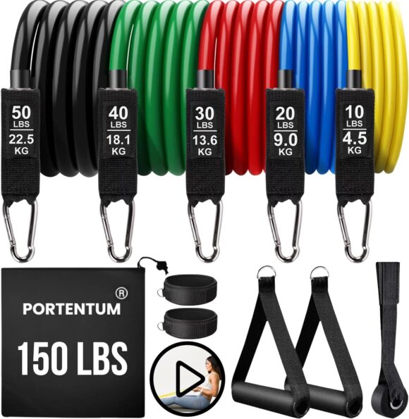 Resistance Bands Weight Building Kit 150 lbs 12 Elastic Bands for Yoga Calisthenics Gym Crossfit TRX Pilates Home Gym – Elastic Muscle Bands with Anklets and Door Grip