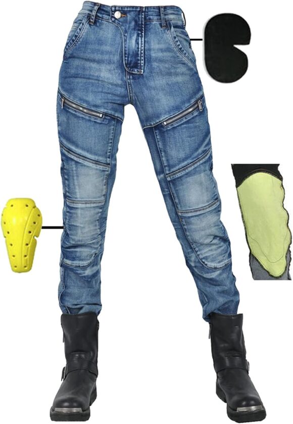 SHUOJIA Motorcycle trousers for men/women, men's/women's motorcycle jeans made of aramid fibre, sporty motorcycle trousers with protectors, motorcycle protective trousers (Blue Female-B,XS)