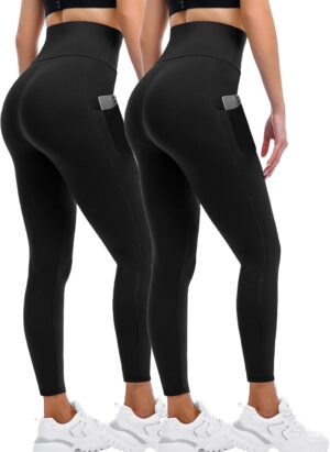 Sanpetix Leggings for Women UK with Pockets, 2 Pack Gym High Waisted Leggings for Workout Running Yoga