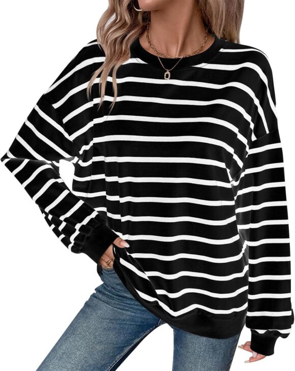 SotRong Women's Oversized Striped Sweatshirt Long Sleeve Crewneck Pullover Casual Loose Fit Top Soft Comfort Loungewear Classic T Shirts for Fall Winter Spring