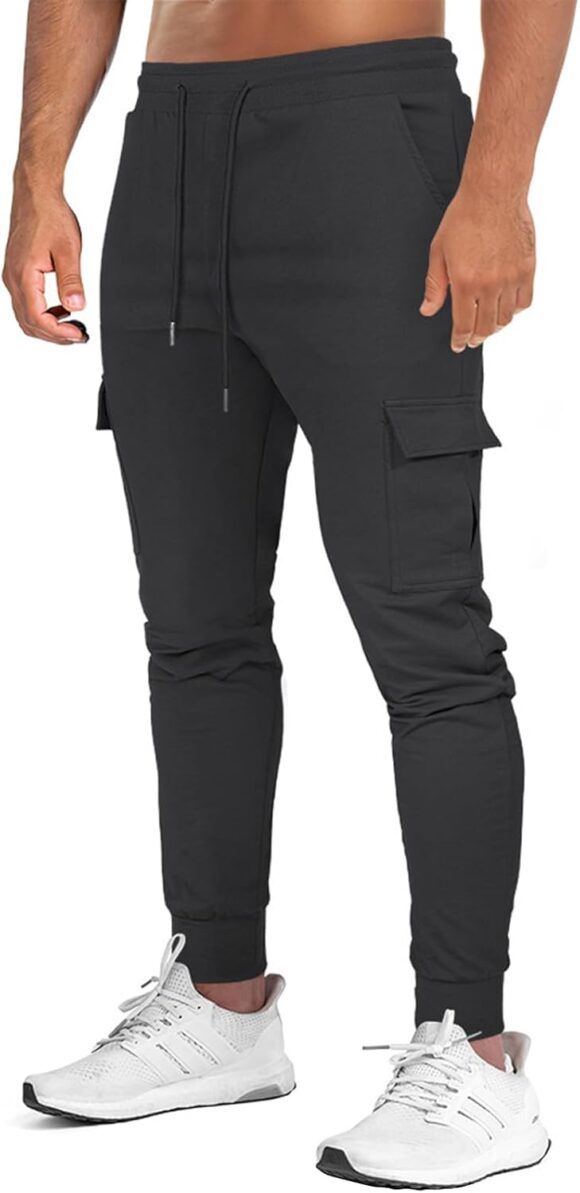Suwangi Mens Jogger Tracksuit Bottoms Jogging Sweatpants Gym Athletic Slim Fit Cotton Casual Elastic Waistband Trousers with Multi Pocket