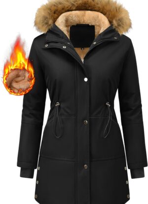 UMIPUBO Womens Coats Winter Warm Parka Coat Fleece Lined Hooded Jacket Thick Long Sleeve Overcoats Windproof Zip Up Trench Coats Outerwear with Pockets for Ladies