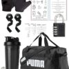 Ultimate Gym Starter Pack Bundle with Gloves, Shaker Bottle, Gym Bag, Weightlifting Guide, Padlock & Straps | Puma Challenger Sports Bag for Fitness and Travel