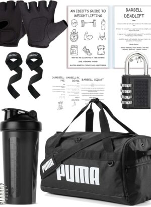 Ultimate Gym Starter Pack Bundle with Gloves, Shaker Bottle, Gym Bag, Weightlifting Guide, Padlock & Straps | Puma Challenger Sports Bag for Fitness and Travel