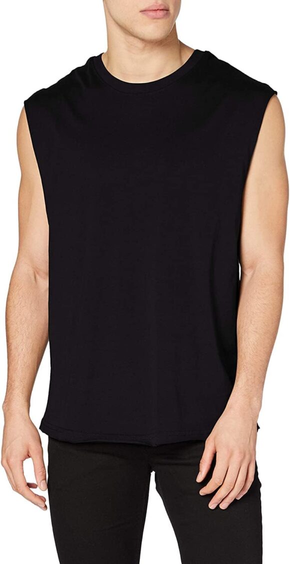 Urban Classics Men's Sleeveless T-Shirt Workout Vest with Round Neckline and Rolled Hems, Loose Tank Top, 100% Jersey Cotton, Black, Size: Small