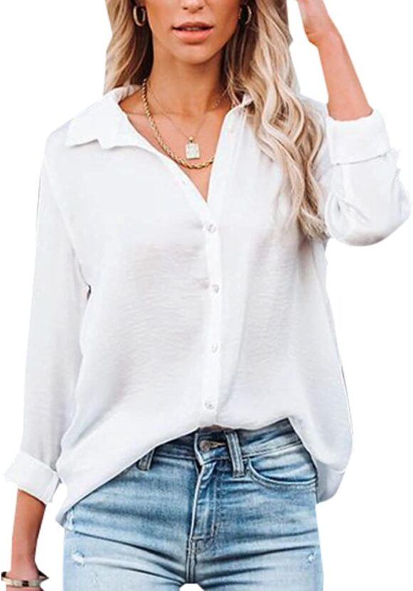 VIGVAN Womens Blouse Casual Long Sleeve Shirt Tops V Neck Button Down Shirts Basic Loose Tunic T Shirts