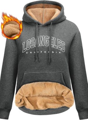 Vijamiy Fleece Lined Hoodie Womens Los Angeles Printed Winter Hoodies Sweatshirts for Women Thermal Fleece Jumpers Ladies Long Sleeve Thermal Tops with Hooded Drawstring Pockets