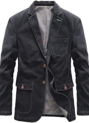 WAIDFU Men's Blazer Classic Notched Collar Casual 2 Button Tailoring Distressed Denim Jacket