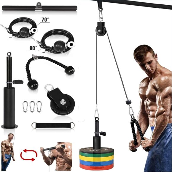 Weight Cable Pulley System Home Gym,Morwealth LAT and Lift Pulley System Gym Cable Machine attachment With Tricep Rope,lat pulldown bar,Loading Pin for Tricep Extensions,Bicep Curls exercise Equipment