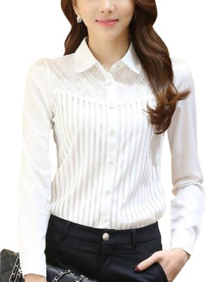 Womens Chiffon Vintage Stand Collar Button Down Shirt Long Sleeve Lace Blouse with Stretch