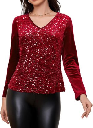 Women's V Neck Velvet Party Tops Long Sleeve Sparkly Sequin Shiny Cocktail Formal Fall Winter Blouse Tops