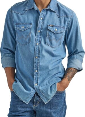 Wrangler Men's Iconic Denim Regular Fit Snap Shirt Button