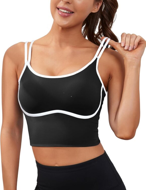 XUNYU Womens Longline Sports Bra Workout Tops with Built in Bras Crop Yoga Tank Top Scoop Neck Athletic Shirt