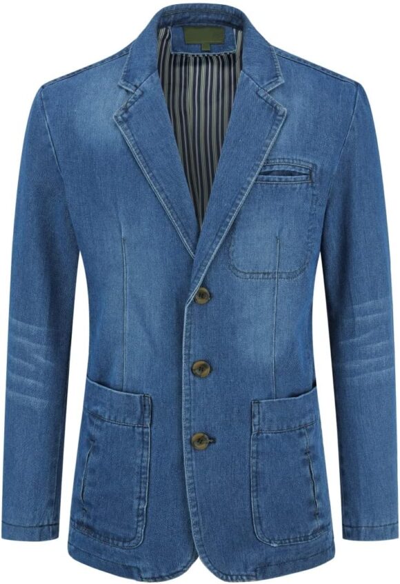 YOUTHUP Mens Regular Fit Denim Blazer Casual Business 3 Buttons Suit Jacket Multi-Pocket Blazers