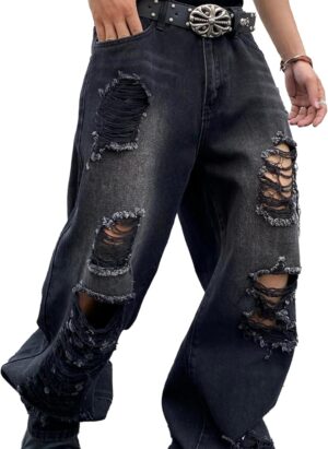 Zewool Mens Hip Hop Ripped Baggy Jeans Destroyed Distressed Jeans Wide Leg Skater Jeans Y2k Denim Pant