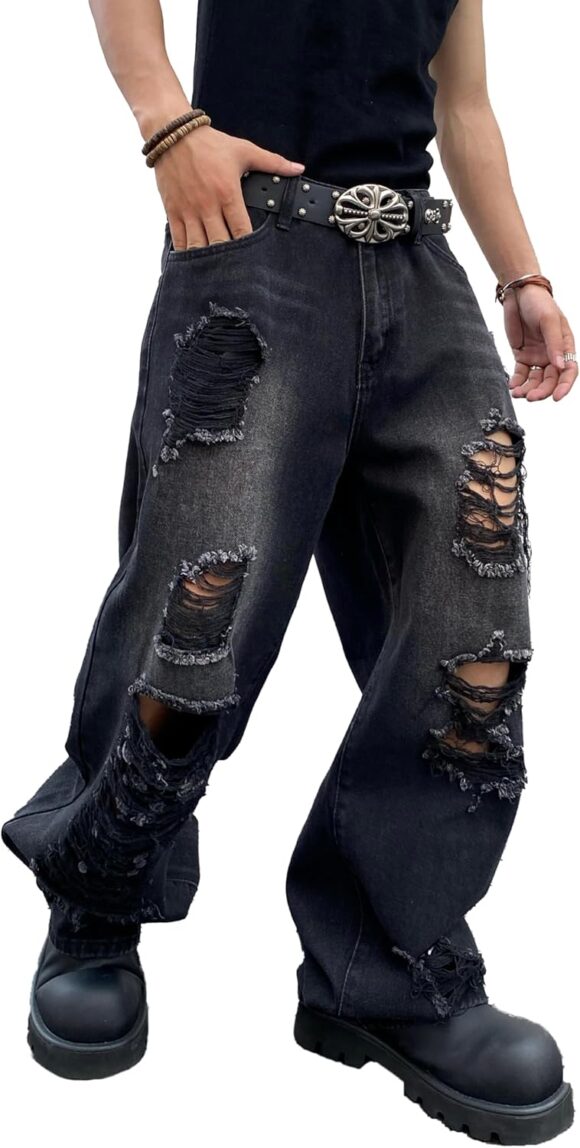 Zewool Mens Hip Hop Ripped Baggy Jeans Destroyed Distressed Jeans Wide Leg Skater Jeans Y2k Denim Pant
