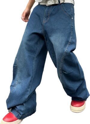 Zewool Mens Irregular Sutures Baggy Jeans Y2k Hip Hop Wide Leg Denim Pants Casual Fashion Trousers Streetwear