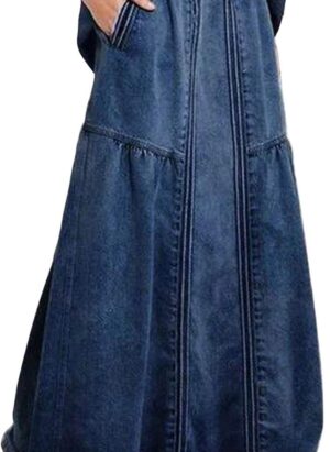 ebossy Women's Casual Elastic Waist Frayed Hem A-Line Distressed Hippie Long Maxi Denim Skirt