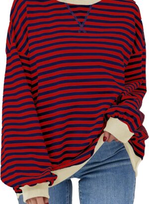 iChunhua Womens Oversized Striped Color Block Sweatshirt Casual Lovely Stylish Round Neck Long Sleeve Tops Y2k