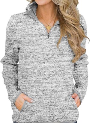 iWoo Womens Casual Sweatshirt Long Sleeve Stand Collar 1/4 Zip Cosy Tops Pullover with Two Pockets