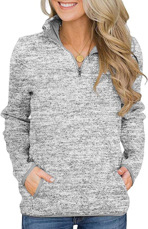 iWoo Womens Casual Sweatshirt Long Sleeve Stand Collar 1/4 Zip Cosy Tops Pullover with Two Pockets