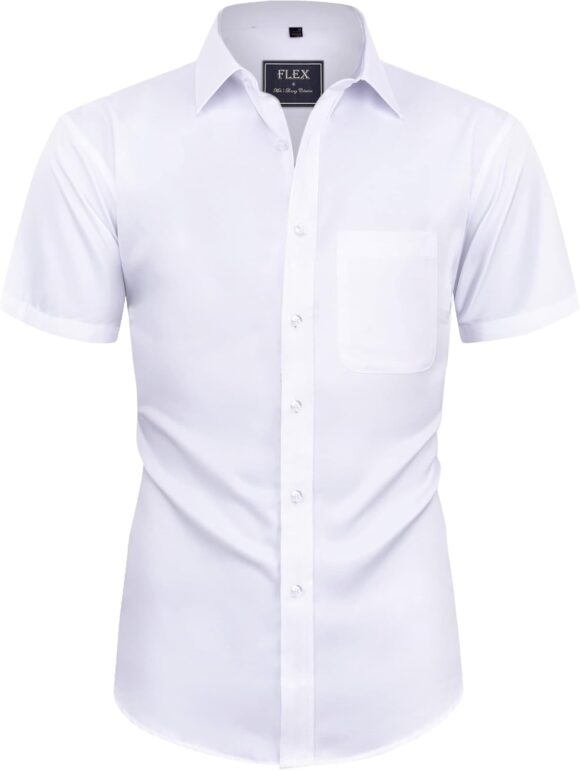 siliteelon Men's Short Sleeve Dress Shirt, Stretch, No Iron, Plain, Regular Fit, Casual, Business, Polyester, Club Collar, T Back, Size UK 15-17, One Pocket, Wrinkle Free, Lightweight, Stain Resistant