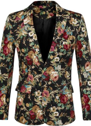 sourcing map Men's Suit Blazer Slim Fit Floral Printed One Button Prom Jacket Sport Coat