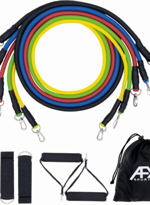 AFX Sports Exercise Resistance Bands Set, Fitness Stretch Workout Kit, 5 Tubes, 2 Foam Handles, 2 Ankle Straps, Door Anchor for Men Women, Home Gym Equipment, Yoga Pilates Physio