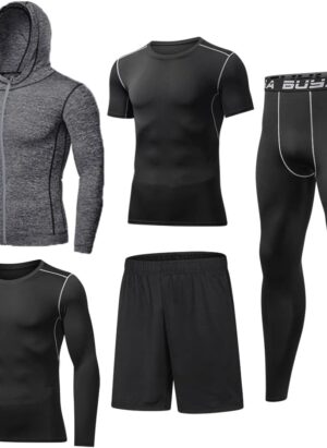 BUYJYA 5Pcs Men's Compression Pants Shirt Top Long Sleeve Jacket Athletic Sets Gym Clothing Mens Workout