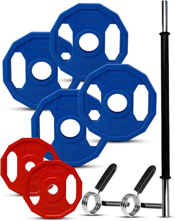 BodyRip 12.5kg Polygonal Standard Barbell | 1" Studio Foam Bar, 2 Spring Clip, Colour Disc Plates Set | Home Gym, Fitness Strength, Exercise Fat Loss, Workout Lifting