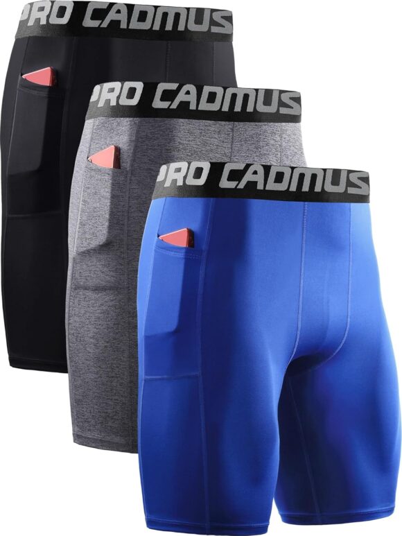 Cadmus 3 Pack Men Compression Gym Running Sports Underwear Base Layer Shorts with Side Pockets