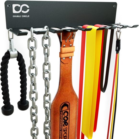 Double Circle Gym Organizer Rack with 9 Hooks, Multi Purpose Gym Equipment Wall Rack Hanger for Pro Home Gym Storage for Exercise Bands, Jump Ropes, Chains, Lifting Belts (17" - 9 Hooks)