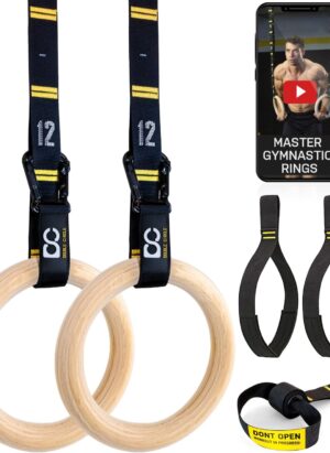 Double Circle Wood Gymnastics Rings with Quick Adjust Numbered Straps and Exercise Videos Guide - Full Body Workout Rings, Calisthenics, Home Gym (Multi-Size)