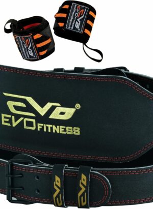 EVO Fitness 6” Matte Black Weight Lifting Belt With 18" Wrist Straps Gym Cowhide Leather Padded Lumbar Back Support Powerlifting Bodybuilding Workout Training Men Women