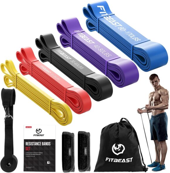 FitBeast Resistance Bands Set, 5 Levels Pull Up Bands for CrossFit, Powerlifting, Muscle Building, Home Gym Workout, Stretching, Stretch Bands with Door Anchor & Carry Bag