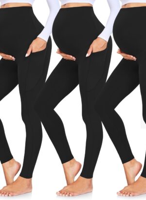 GROTEEN 3 Pack Women's Maternity Leggings Over The Belly with Pockets Super Soft Workout Pregnancy Yoga Pants